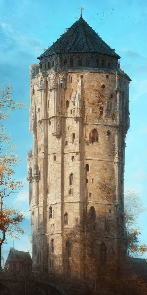 Tall Stone Tower with Conical Roof Among Autumn Trees