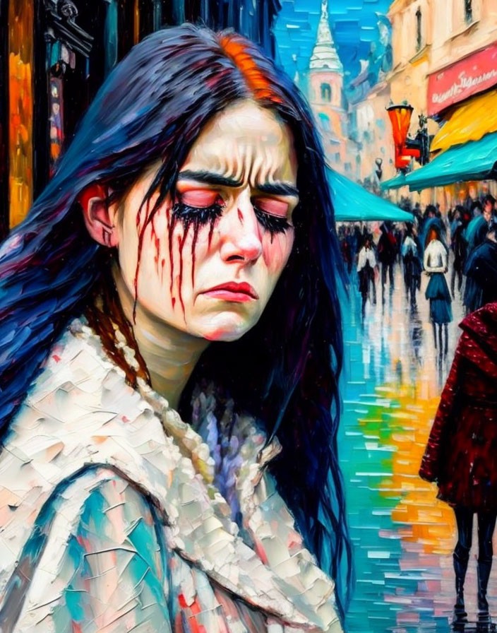 Colorful Impressionistic Painting of Tearful Woman in Street Scene