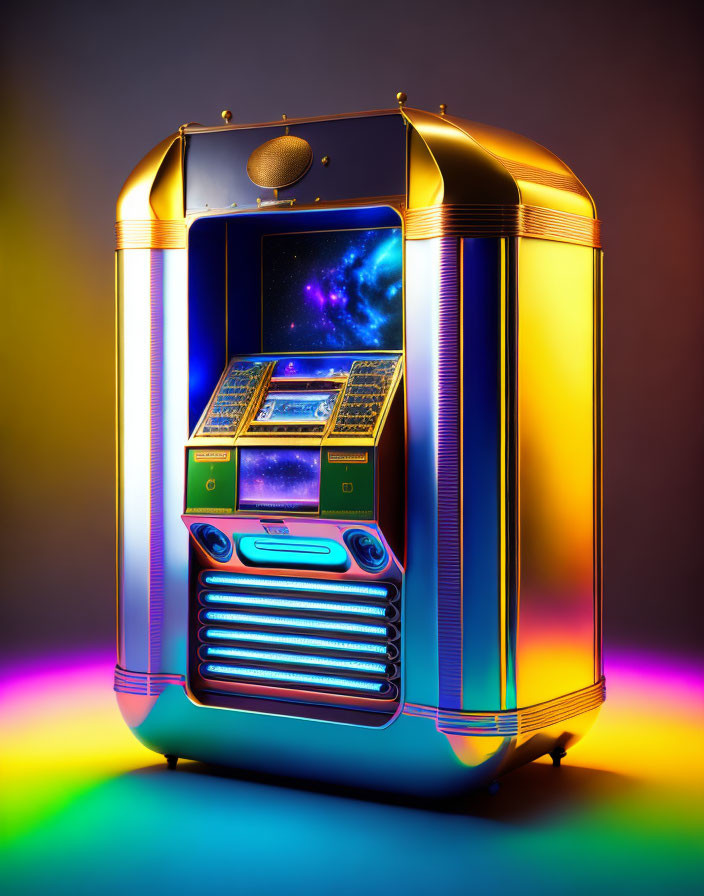 Vintage Jukebox with Neon Lights and Galaxy Screen on Gradient Background