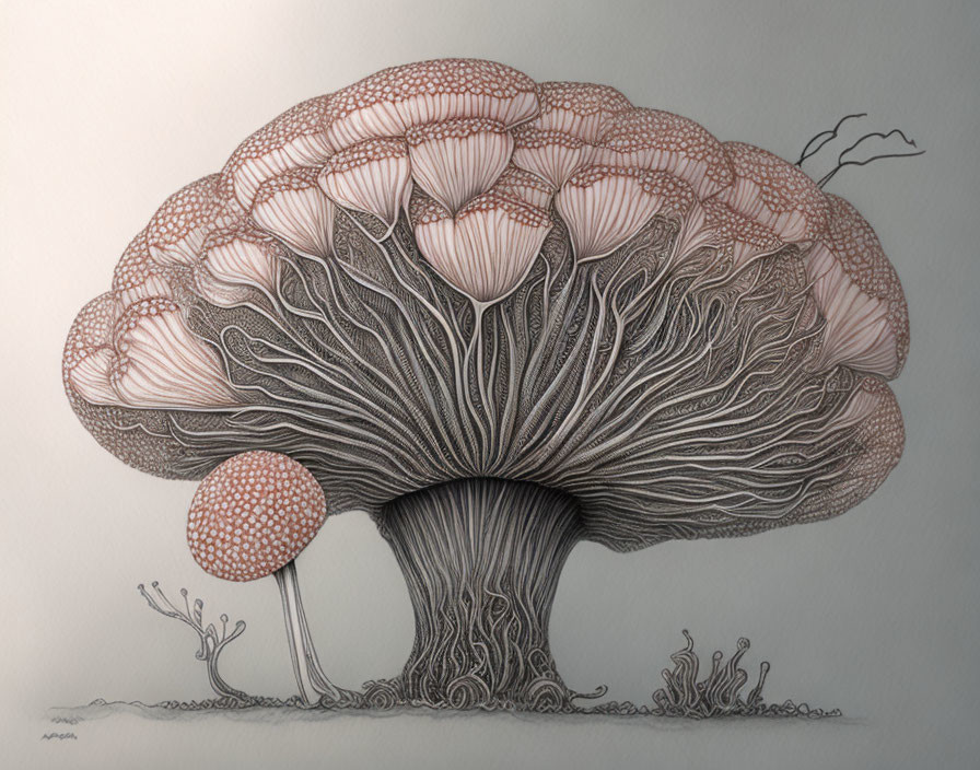 Stylized tree drawing with mushroom-like canopy and intricate branches