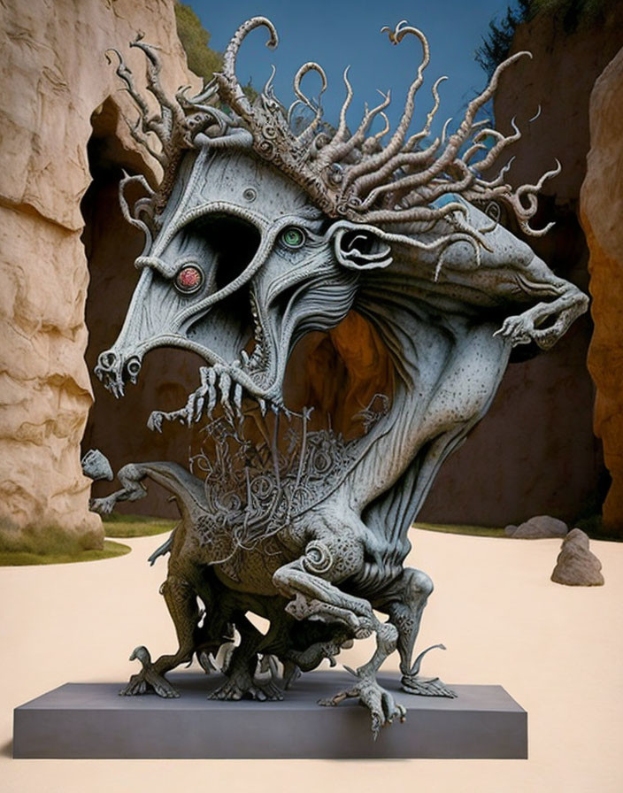 Intricate multi-eyed serpent sculpture with horns on rocky background