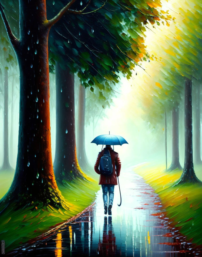 Person with backpack walking under blue umbrella on wet tree-lined path.