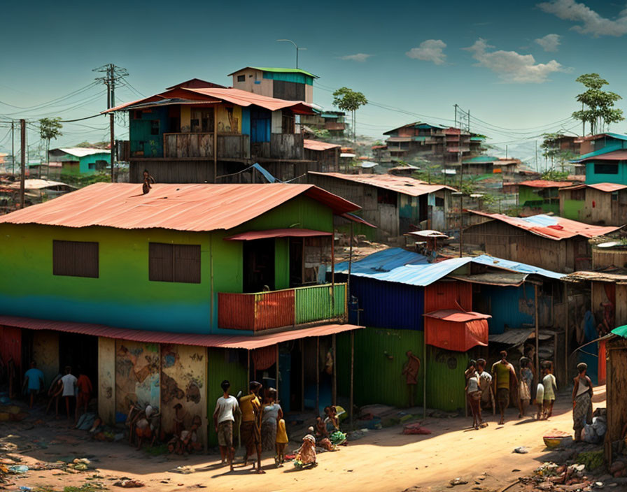 Colorful Shantytown with Corrugated Roofs and Elevated Wooden Homes