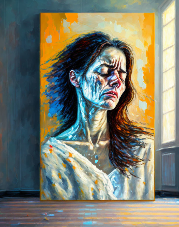 Vividly colored painting of woman with pained expression against abstract background