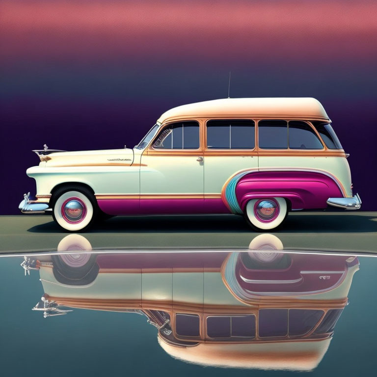 Classic Two-Tone Station Wagon with Wood Paneling on Reflective Surface