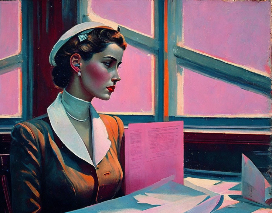 Vintage-style painting of a nurse reading a document in pink and blue hues