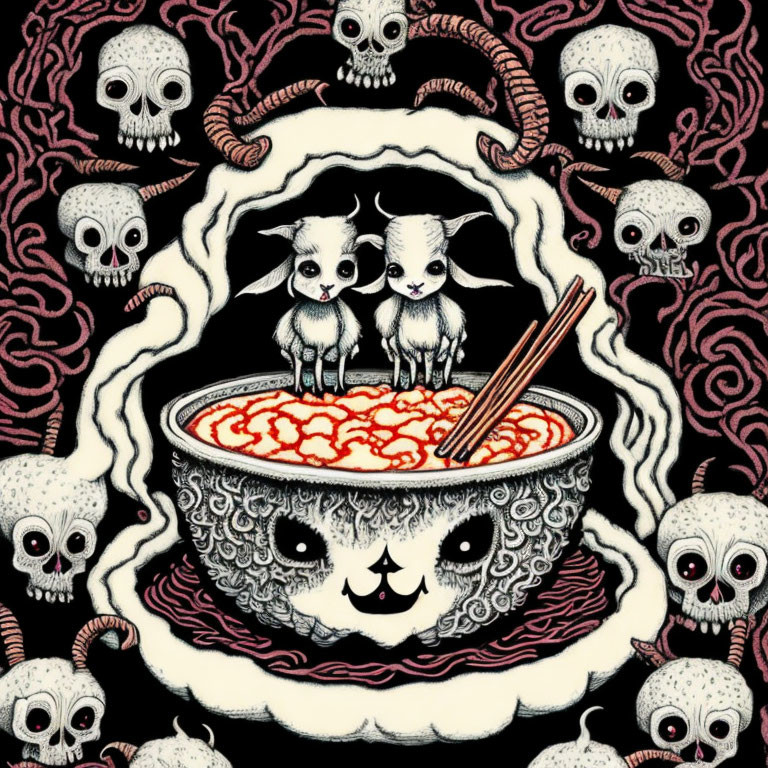 Cartoon goats with cat-faced noodles, skulls, and worms on black background