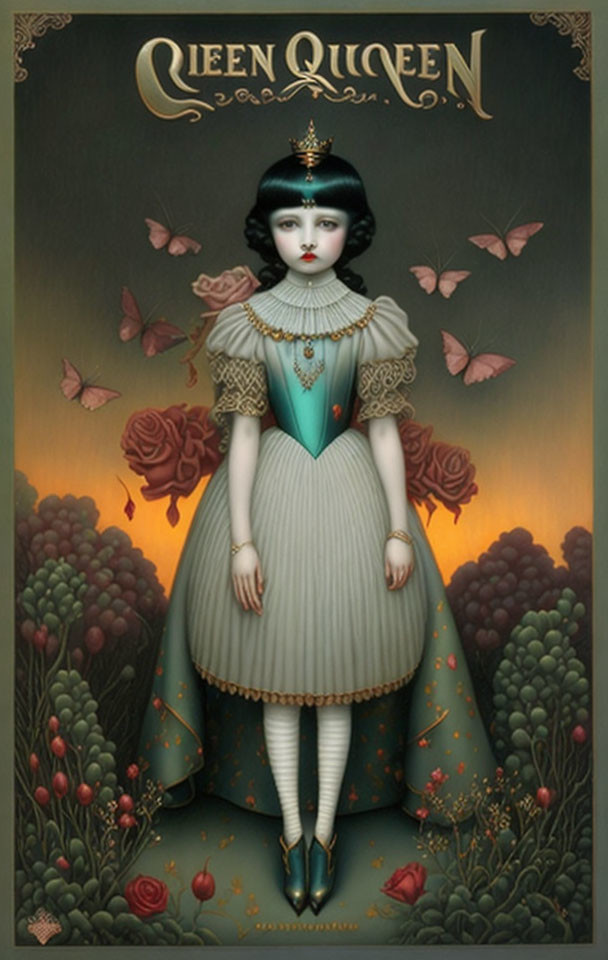 Solemn girl in teal dress with roses and butterflies on dark background