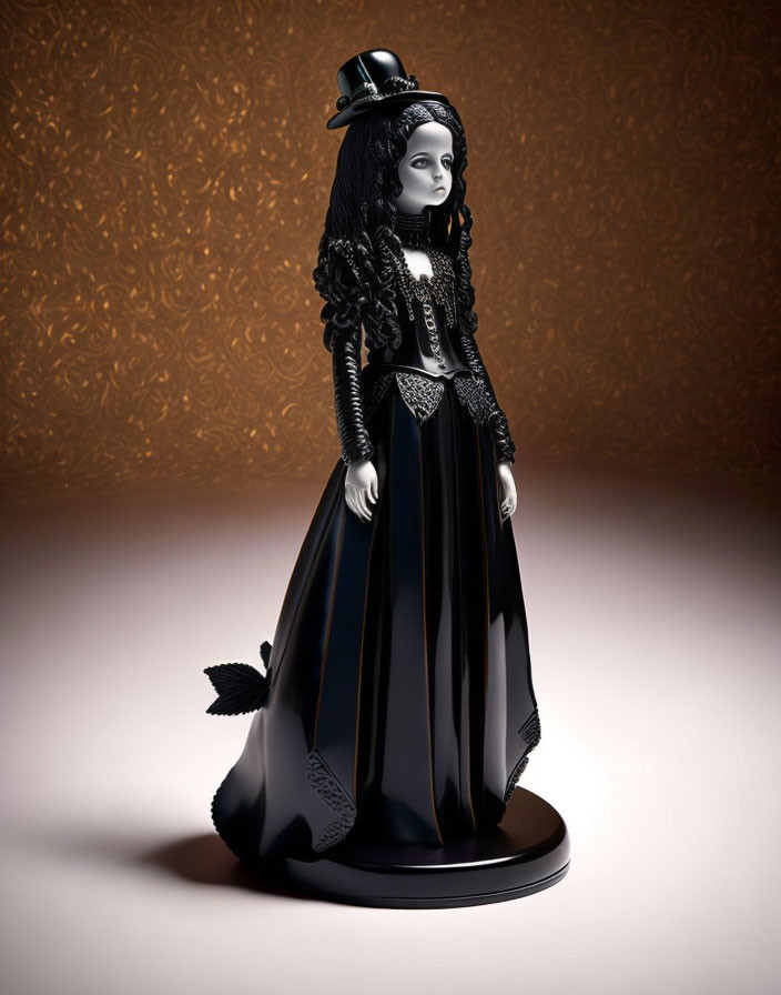 Gothic-style porcelain doll in black dress and top hat on stand