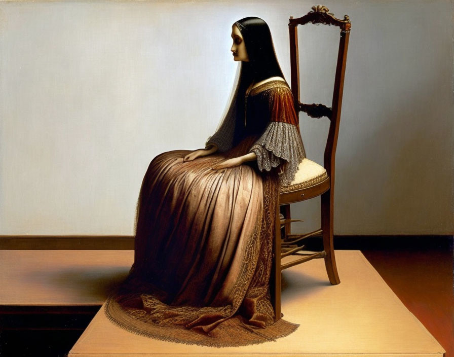 Seated woman with long dark hair in brown dress on ornate chair