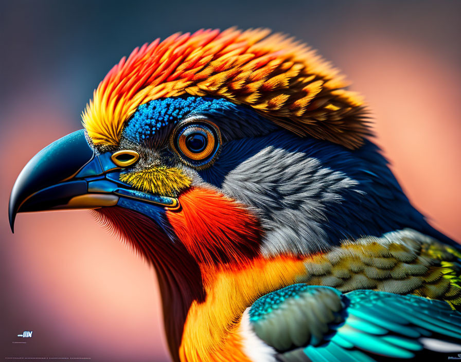 Colorful Bird with Red, Orange, and Blue Plumage Close-Up