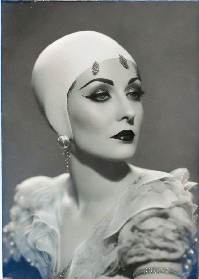 Classic Hollywood allure: Vintage black and white portrait of woman with headpiece and dramatic makeup