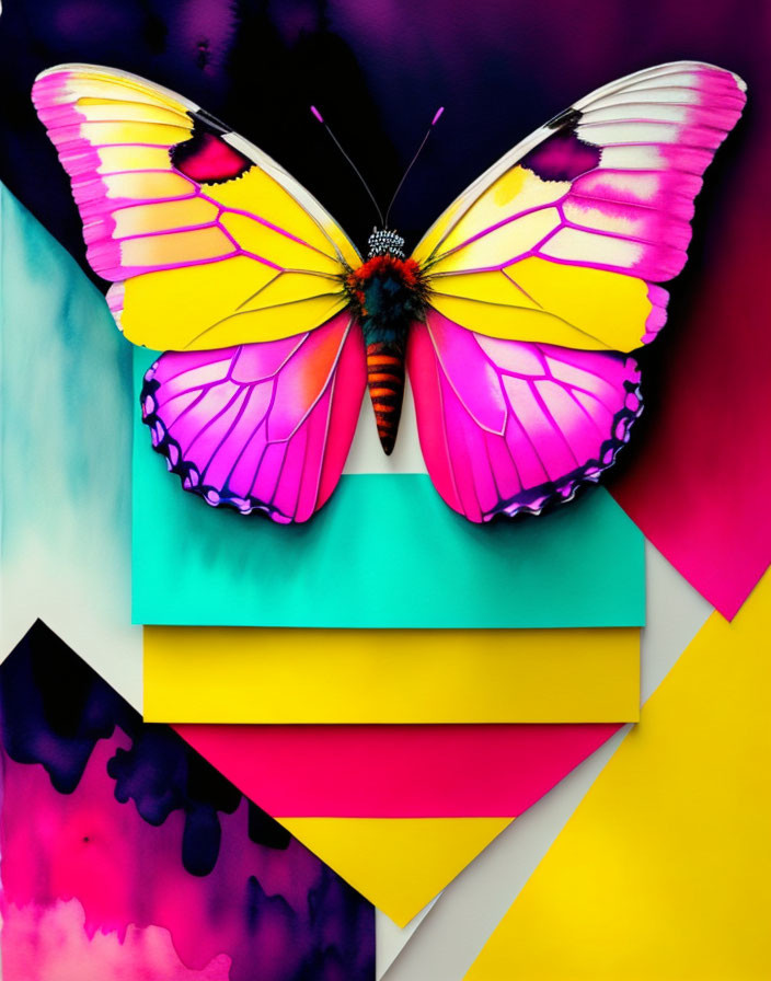 Colorful Butterfly Artwork on Geometric Shapes and Ink-Blotted Background