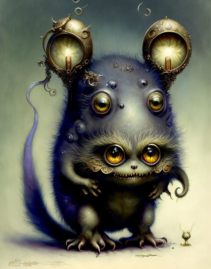 Unique Creature with Multiple Eyes, Furry Body, Mechanical Ears, and Tiny Green Companion