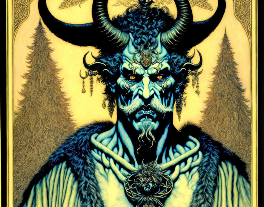 Illustrated mythical figure with horns and intense eyes on golden background.