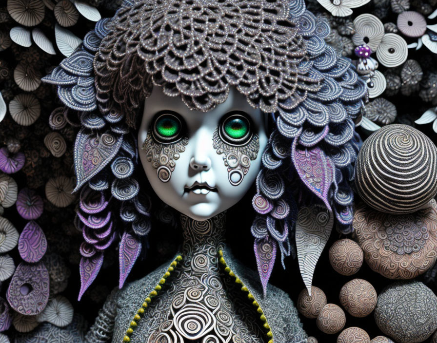 Digital artwork featuring doll-like figure with green eyes and intricate patterns on face, set against monochromatic