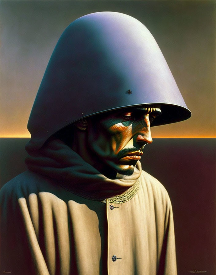 Surreal portrait of man with large helmet in sunset gradient.