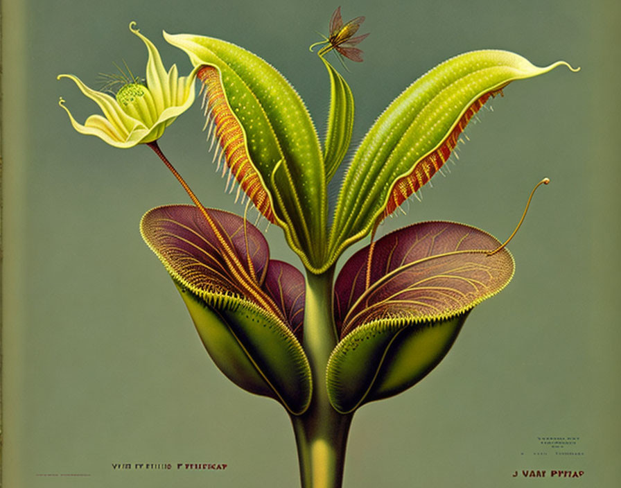 Detailed drawings of carnivorous plant trap mechanisms and fly in illustration