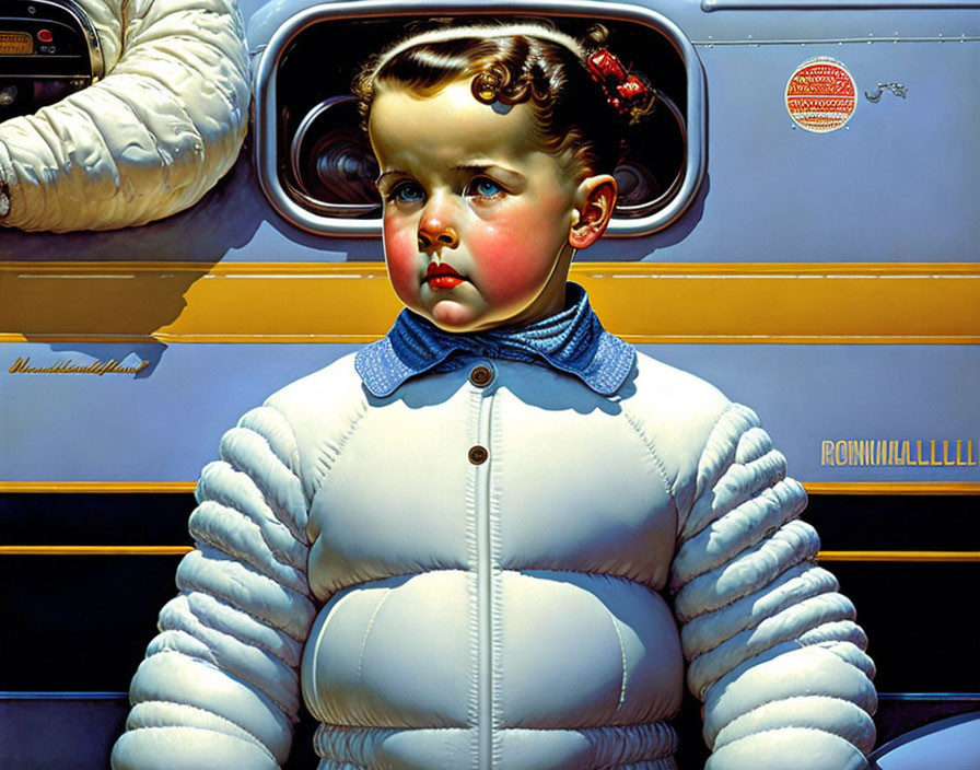 Young child in white puffy jacket next to vintage yellow car