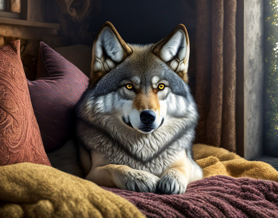 Serene wolf with amber eyes on golden blanket in cozy room