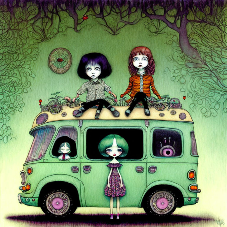 Four cartoon characters with large eyes on whimsical green van amidst eerie trees