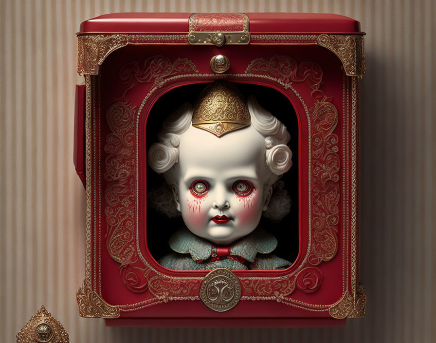 Stylized doll head with ornate headgear in vintage red box