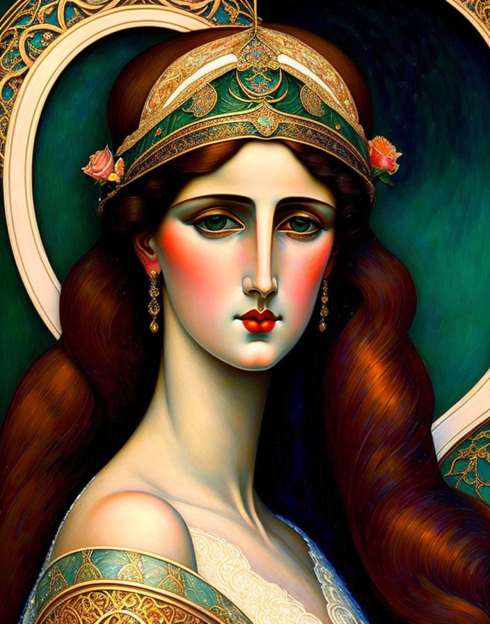 Portrait of a woman with long brown hair in ornate golden headdress on green background