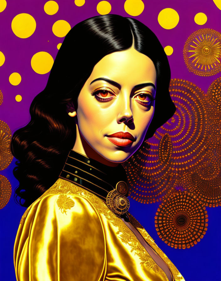 Dark-haired woman in golden attire on purple and yellow background