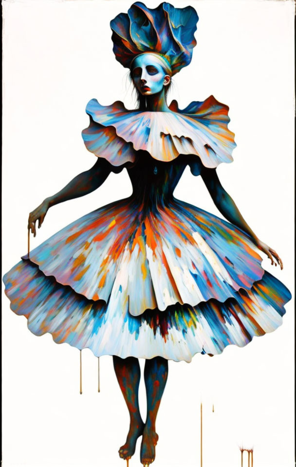 Multicolored ruffled dress on blue-skinned figure against white background