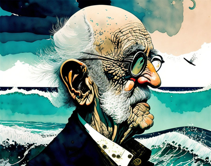 Elderly man illustration with spectacles and seascape birds symbolizing imagination