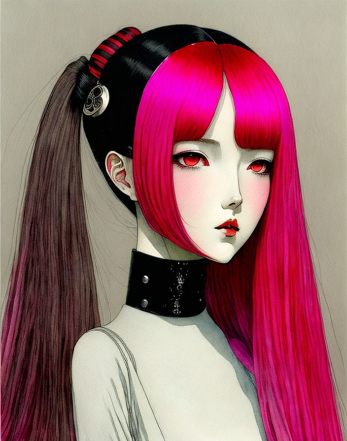 Vibrant illustration of woman with magenta hair and red eyes