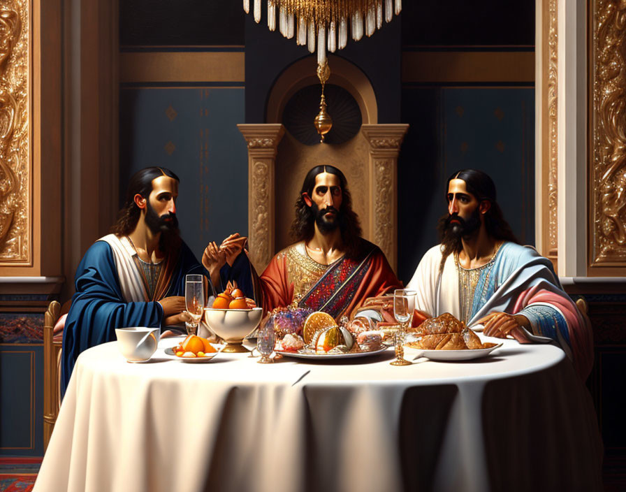 Three men in historical clothing at a table with fruit and bread in ornate room