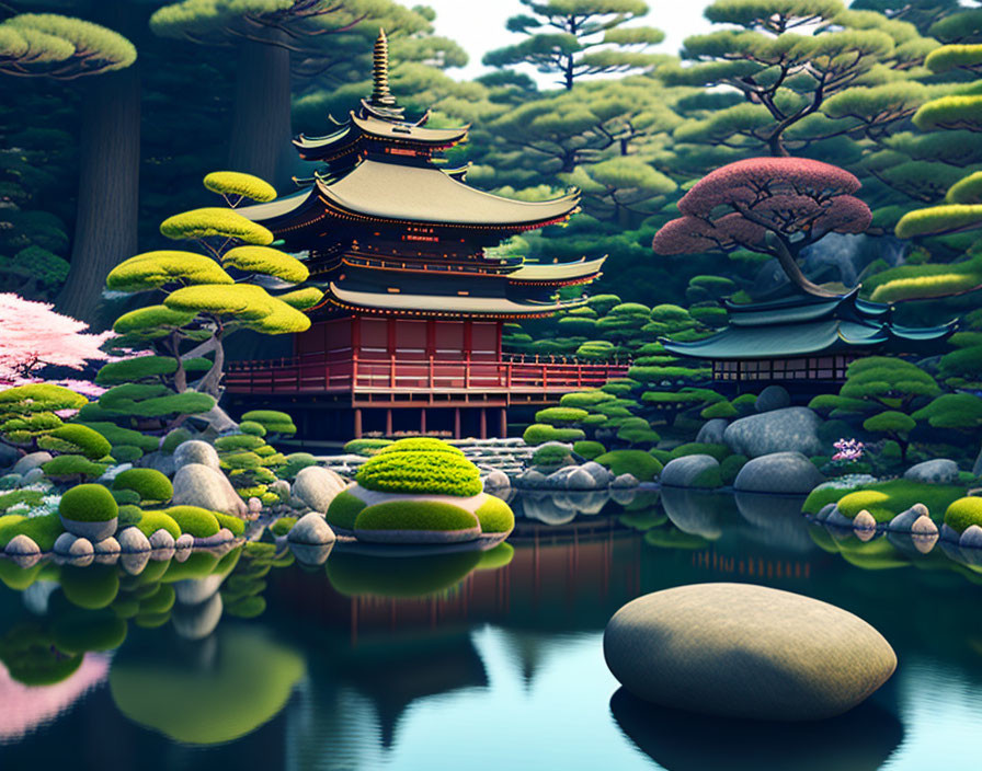 Traditional Japanese garden with red pagoda, lush greenery, and serene pond