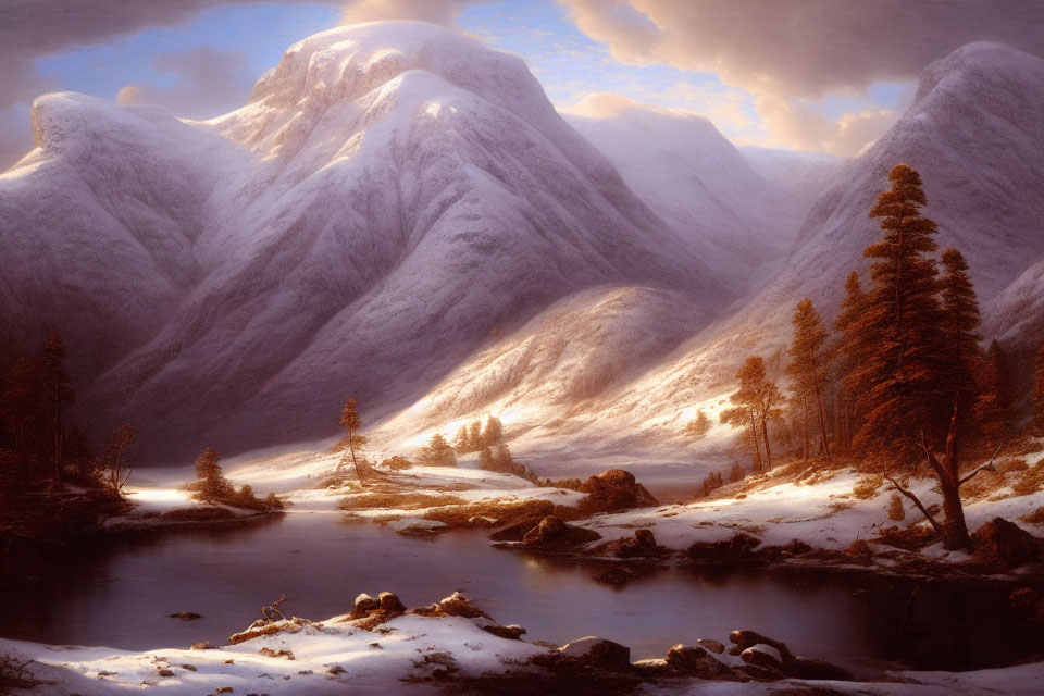 Scenic sunset over snow-covered mountains and serene river