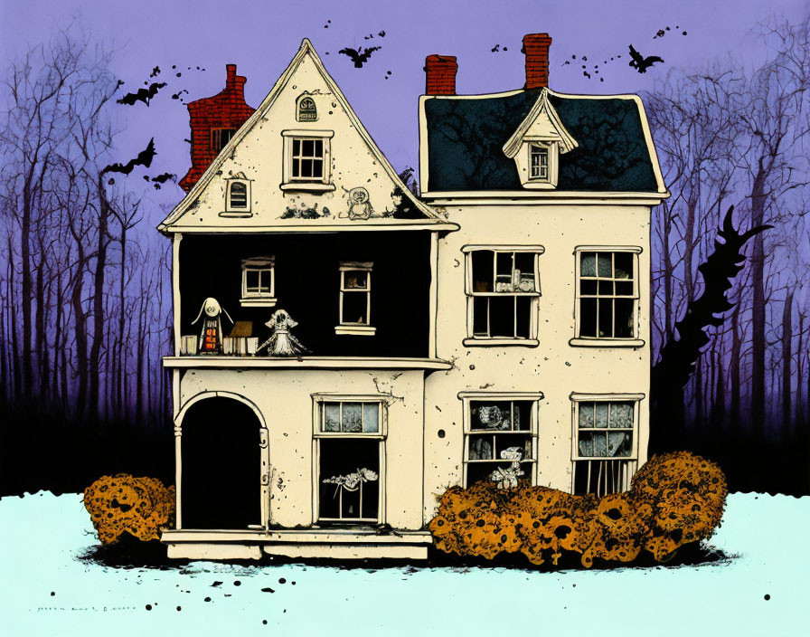 Eerie haunted house with skeletal figure, bats, broken windows