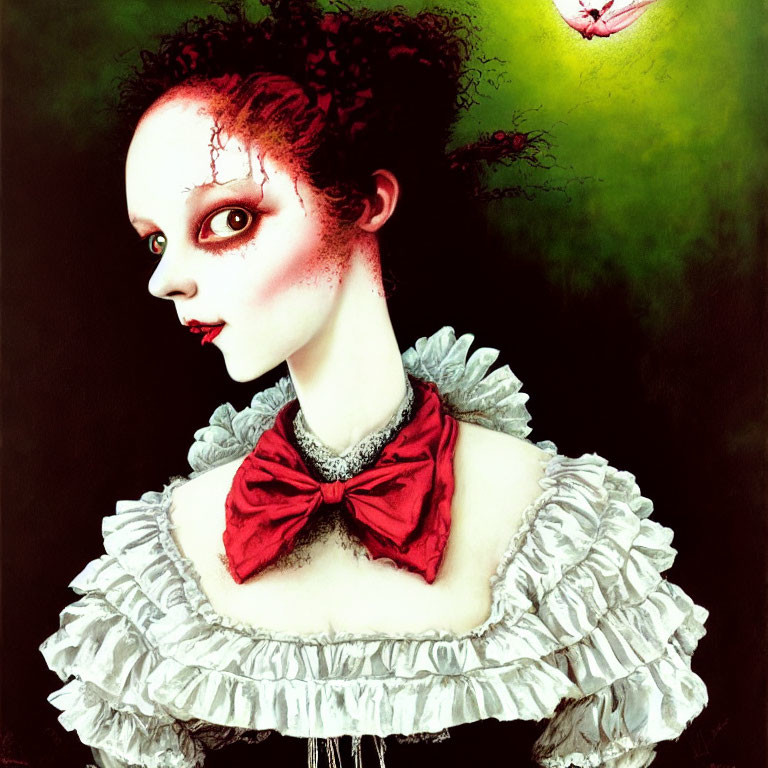 Stylized painting of a woman with dark hair and red bow on greenish background