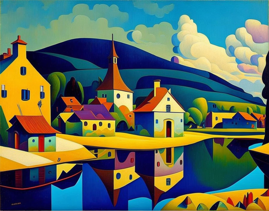 Colorful village painting with church spire and rolling hills under blue sky