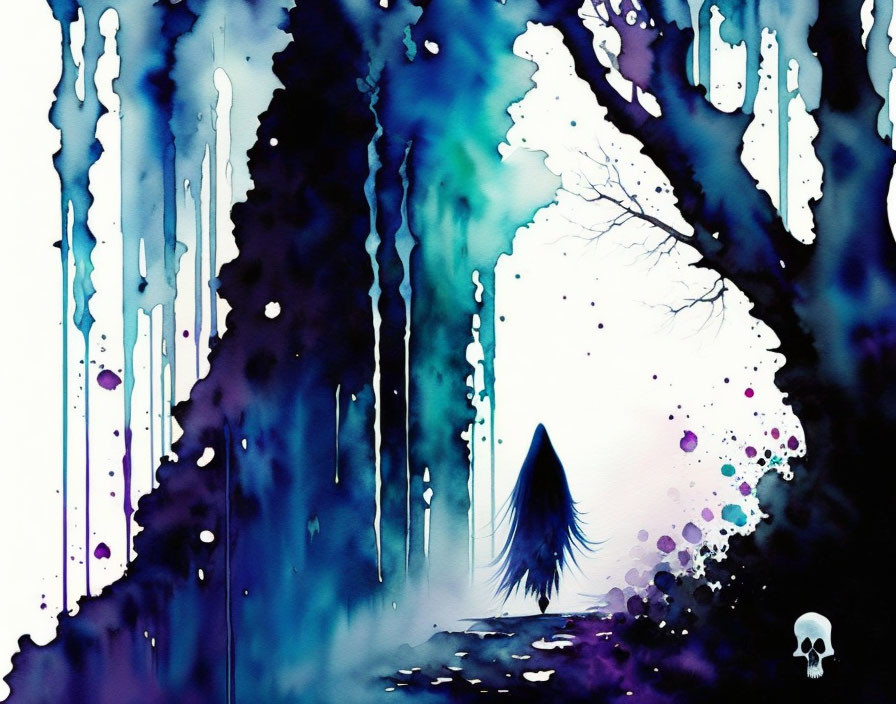 Vibrant watercolor painting: silhouette in mystical forest with skull symbol