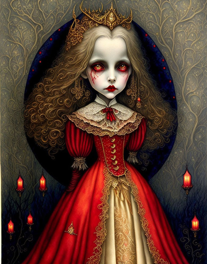 Illustrated macabre young queen in gold and red gown with lace collar and crown on dark orn