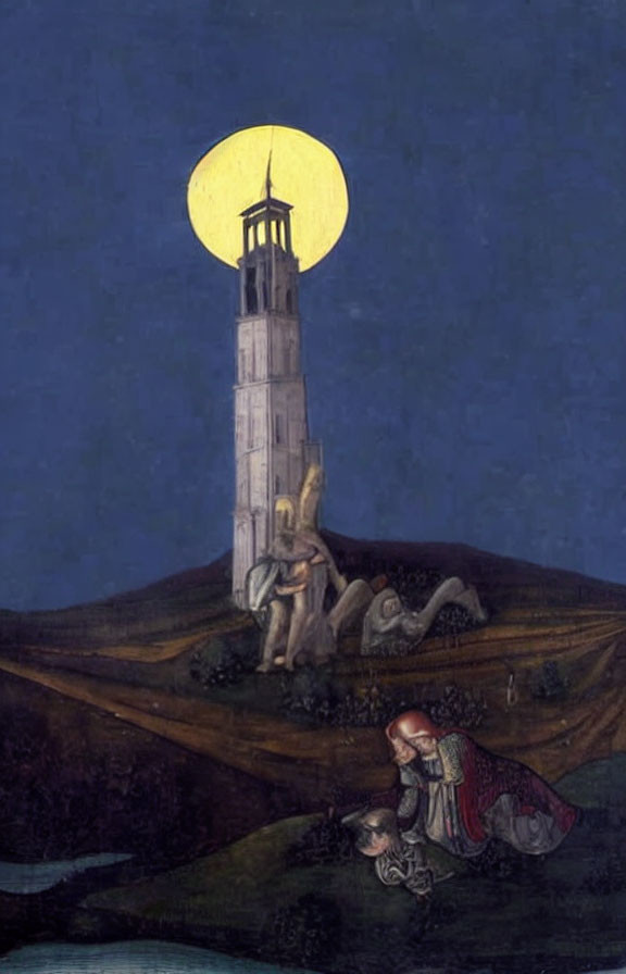 Medieval painting: Knight on horse, fallen warrior, grieving figure, glowing moon, night sky.