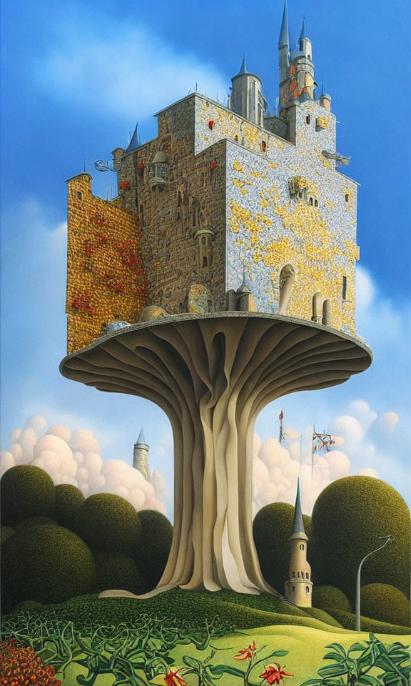 Fantastical painting of grand castle on giant mushroom surrounded by lush greenery