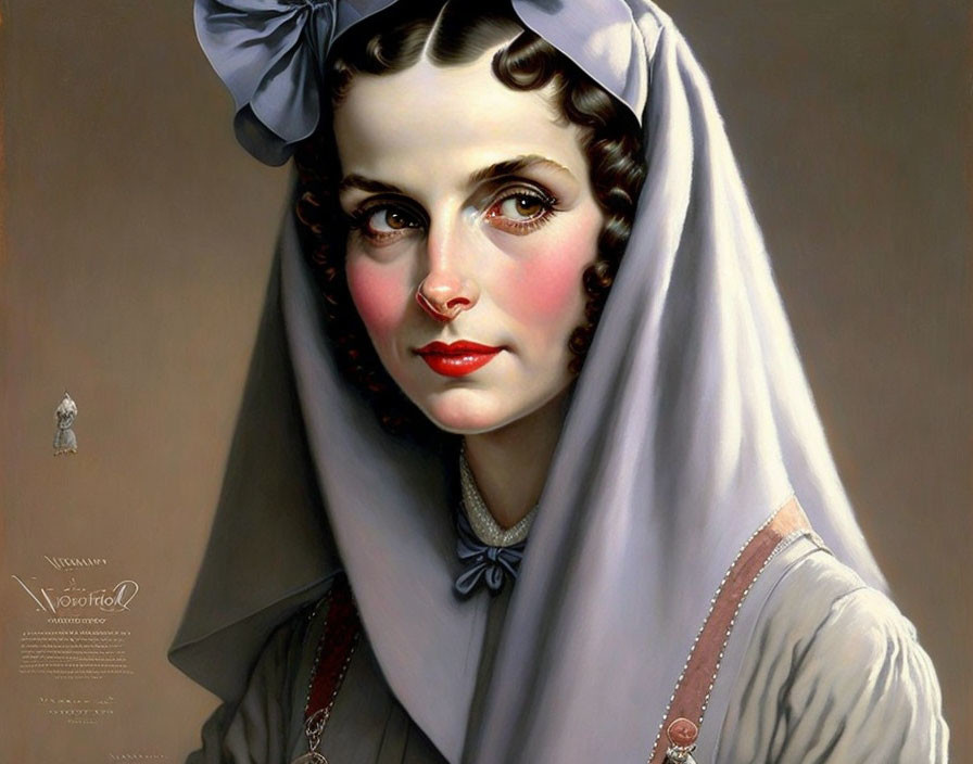 Detailed Vintage-Style Portrait of Woman with Bow and Scarf