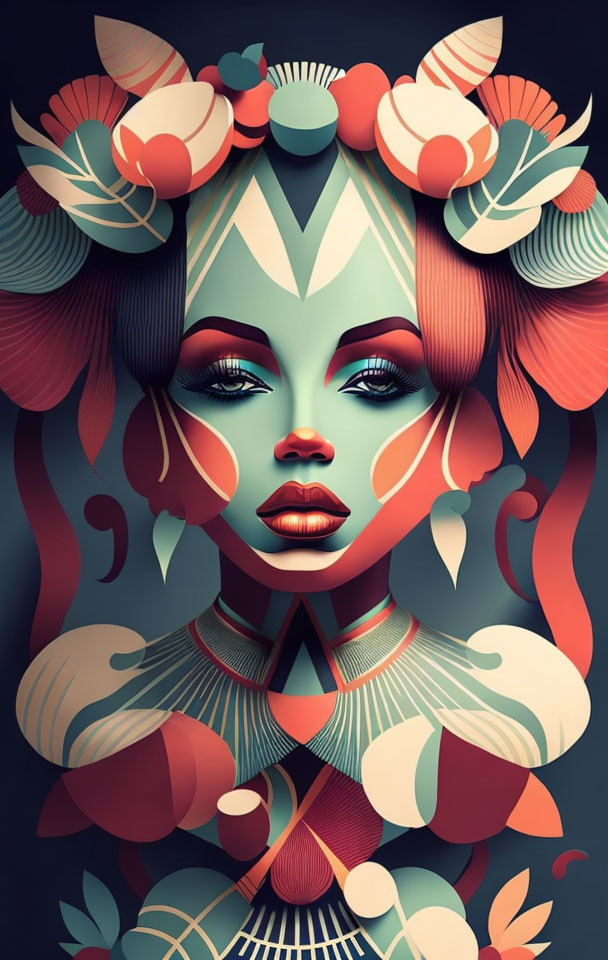 Stylized artwork featuring woman with floral hair ornaments and abstract neck accessories