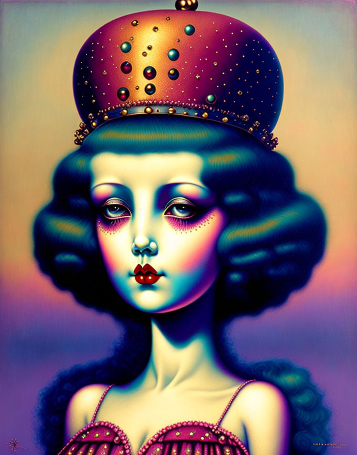 Stylized surreal portrait of a woman with oversized eyes and jewel-encrusted crown