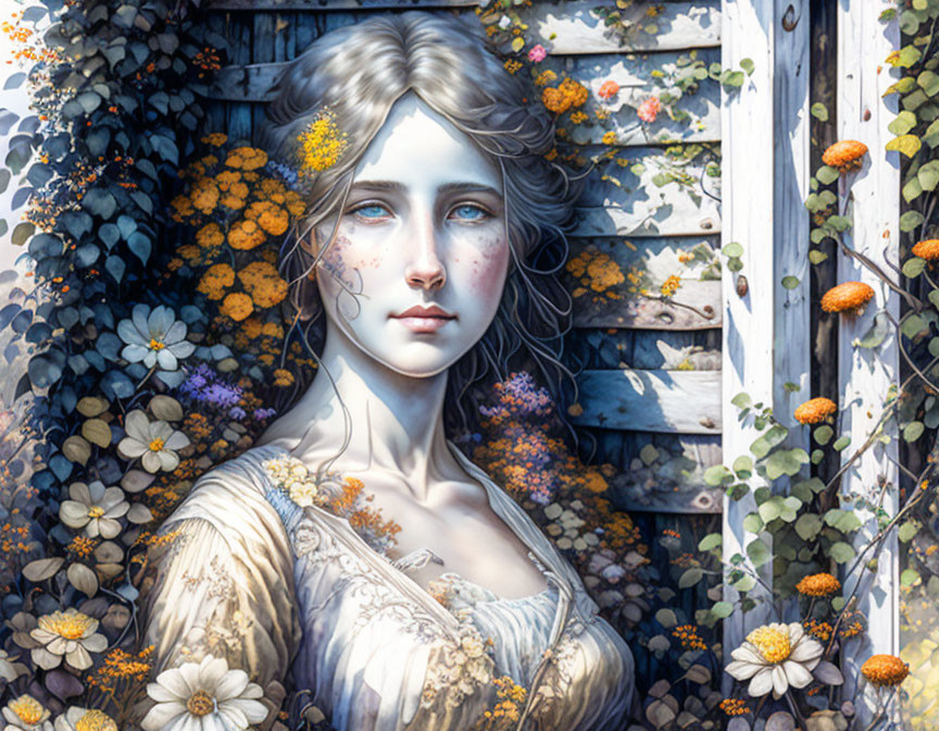 Woman with Blue Eyes in Floral and Wooden Setting Illustration