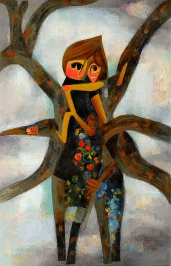 Stylized painting of person with large eyes in tree with floral patterns