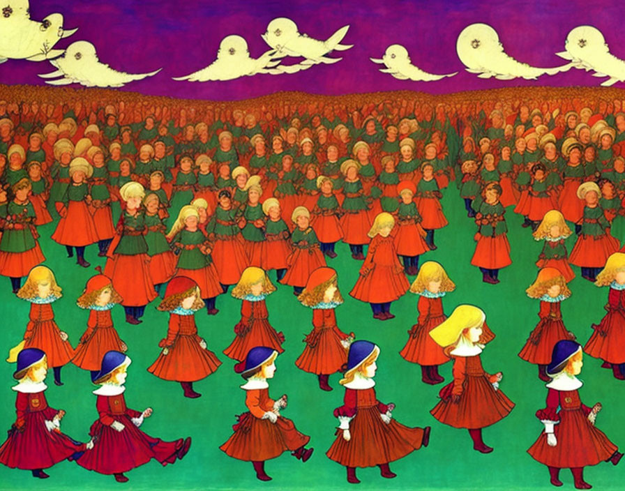 Multiple Blonde Characters in Red Dresses and Blue Hats Marching with White Birds Flying