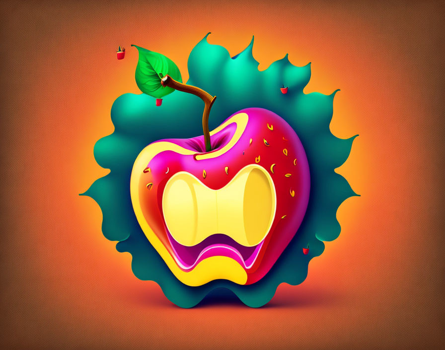 Colorful apple illustration on dynamic backdrop with floating tiny apples