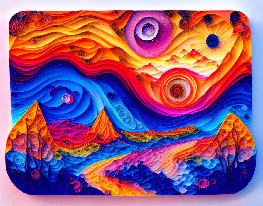 Colorful psychedelic artwork: surreal landscape, eye in sky, sailboats.