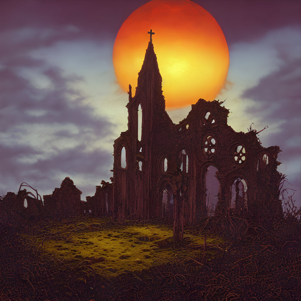 Gothic church ruin under red sun in twilight setting